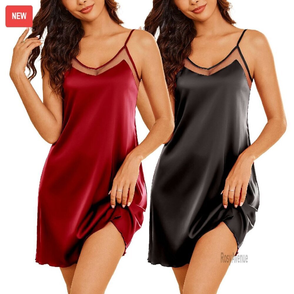 Silky Satin Nightgown 2-Pack V-Neck Mesh Lingerie Sleepwear